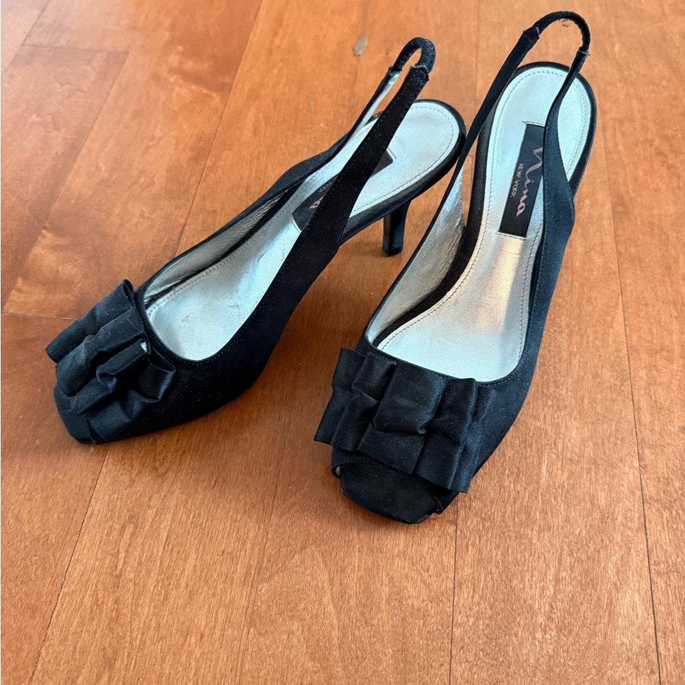 Nina Black Slingback Peep-Toe Heels with Bow